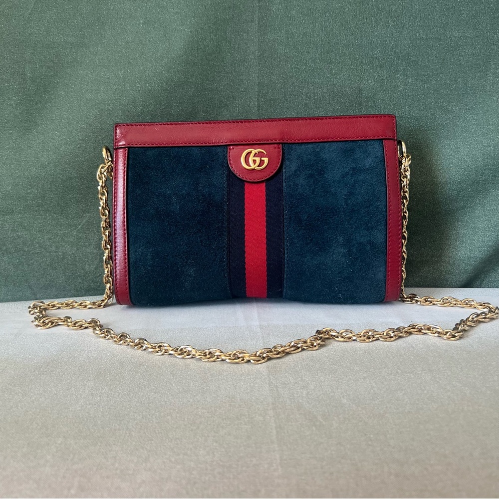 Gucci Ophidia Suede/leather Small Chain Shoulder Bag Navy Red